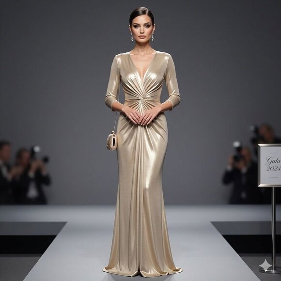 Chiara Boni Dresses & Skirts - Chiara Boni made in Italy Metallic Gold Gown Size 0 Long Evening Pleated Waist D